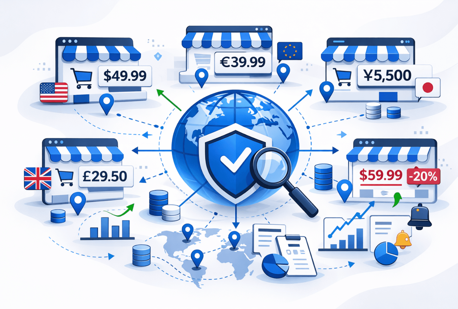 Global online marketplace dashboard featuring international currency prices, data analytics charts, and a blue security shield over a globe.