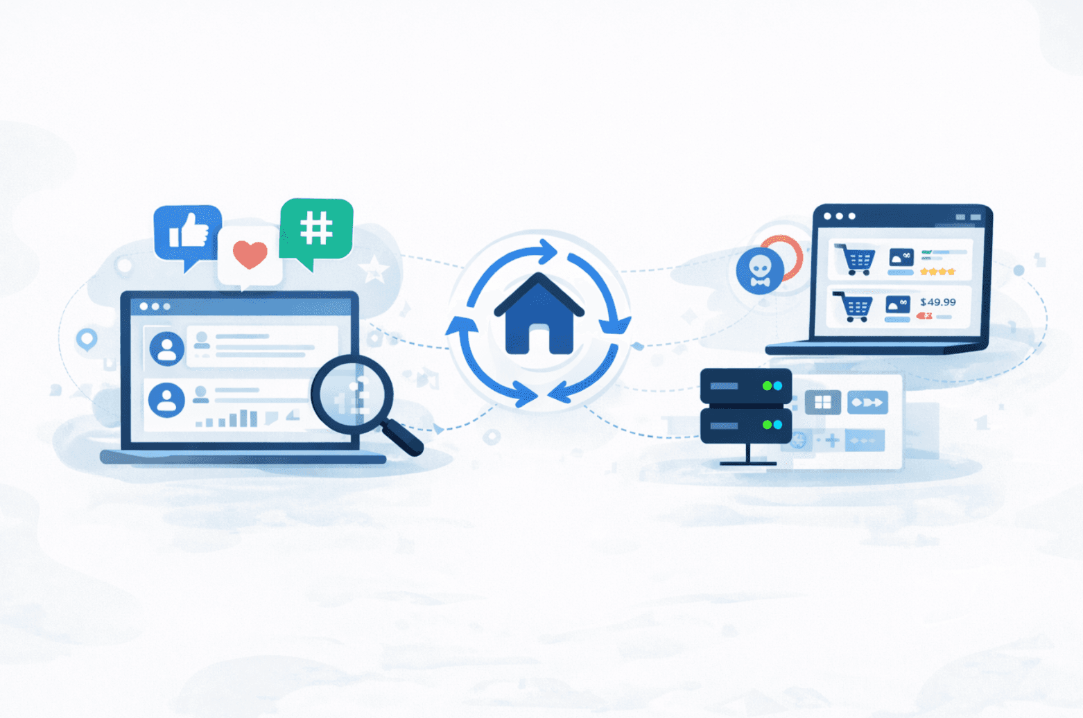 Illustration showing how proxies support social media sentiment tracking and large scale data collection, with analytics dashboard, social feed monitoring, rotating residential proxy icon, and secure global data access.