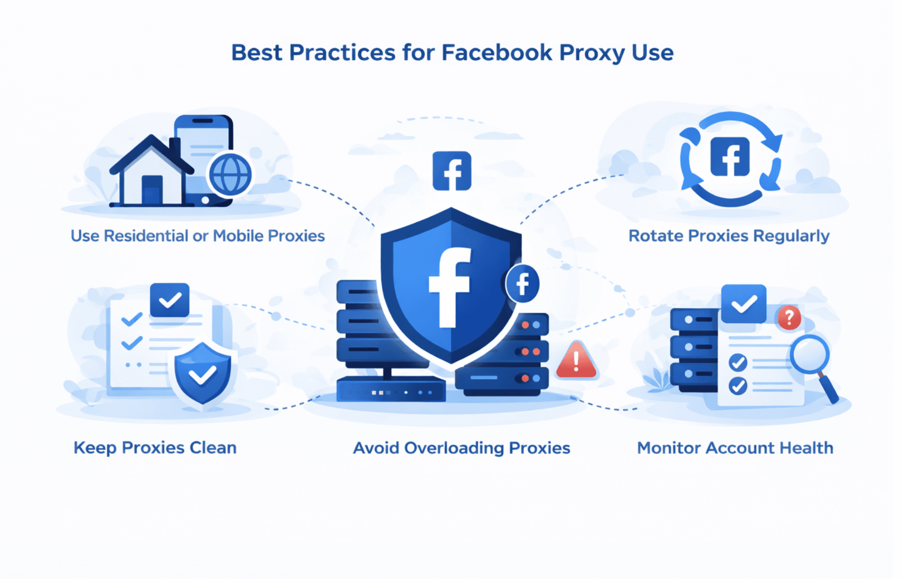 Blue illustration showing best practices for using Facebook proxies, including secure server connection, proxy rotation, account monitoring, and stable social media access.