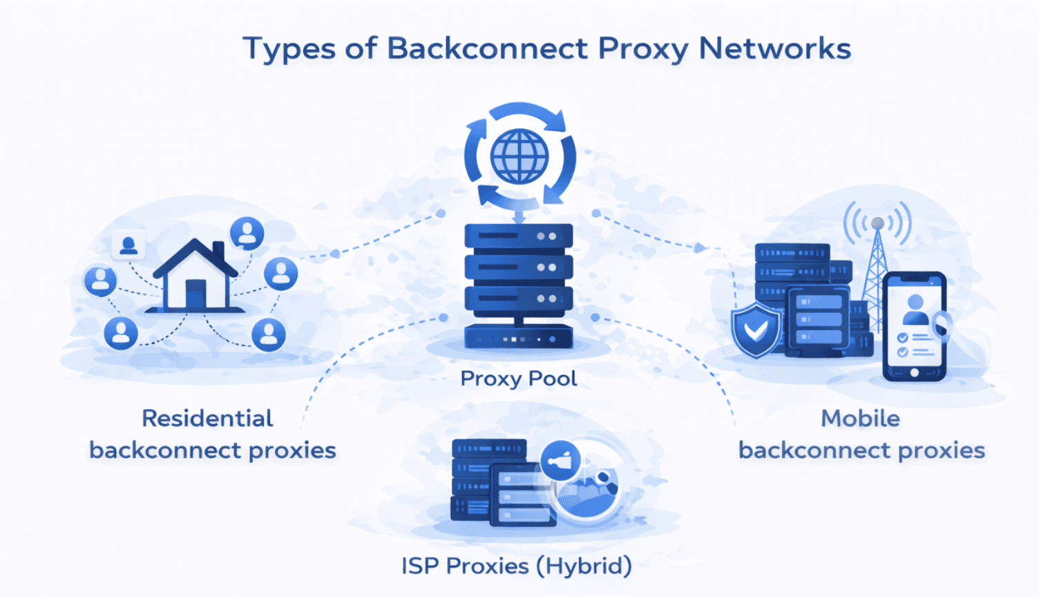 Blue infographic illustration showing types of backconnect proxy networks including residential, datacenter, mobile, and ISP proxies connected to a central rotating proxy pool.