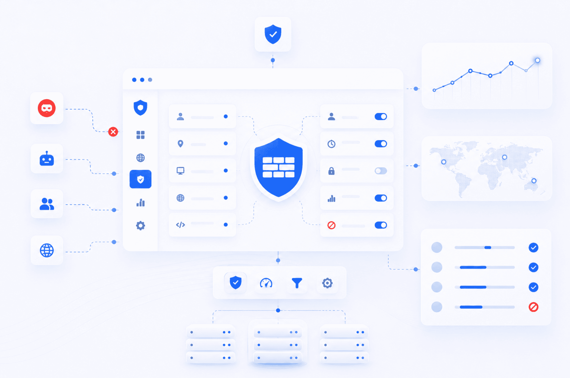 Firewall dashboard illustration showing how to block malicious IP addresses with security rules, traffic monitoring, and access control toggles