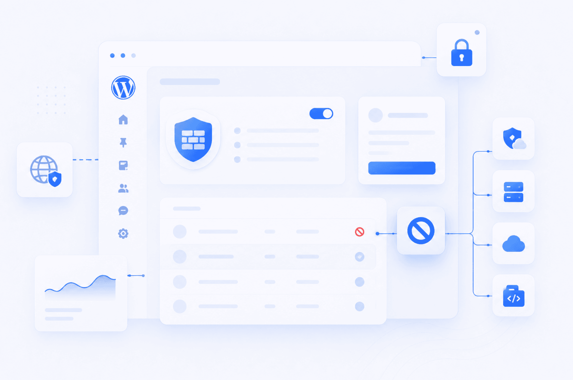 WordPress dashboard illustration showing IP blocking through a security plugin with firewall settings and blocked address list