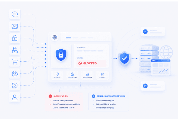 Infographic showing when to block an IP address versus when to consider alternatives like firewalls and rate limiting for rotating proxy traffic