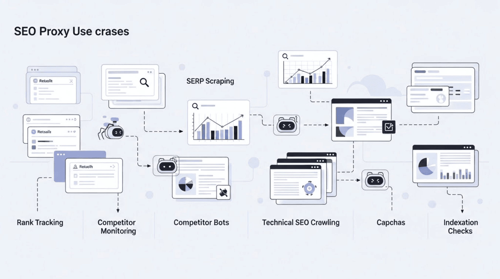 Modern illustration showing SEO proxies used for rank tracking, SERP scraping, competitor monitoring, site crawling, and indexation checks without blocks.