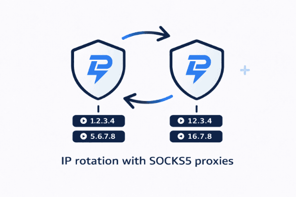 Minimal premium-style illustration showing SOCKS5 proxy IP rotation, with traffic cycling between different IP addresses through protected proxy nodes.