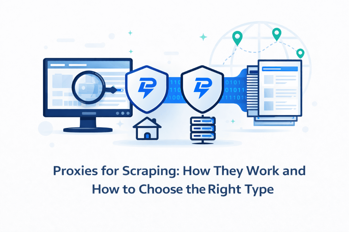 Flat-style illustration showing different types of proxies used for data collection, including datacenter, residential, mobile, and IPv6 proxies connected through secure network shields