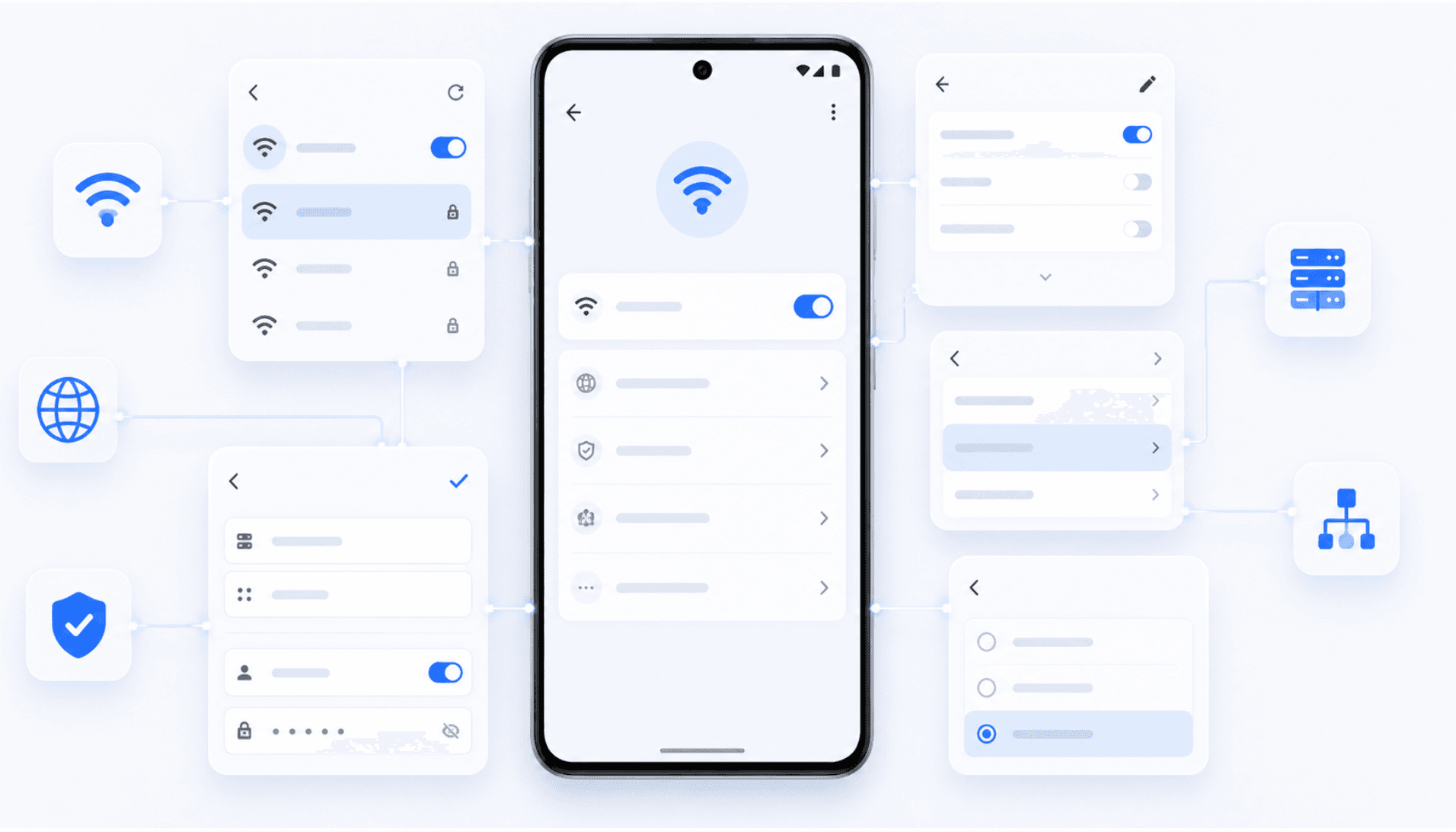 Step-by-step illustration showing manual proxy setup on Android Wi-Fi settings with hostname, port, and authentication fields