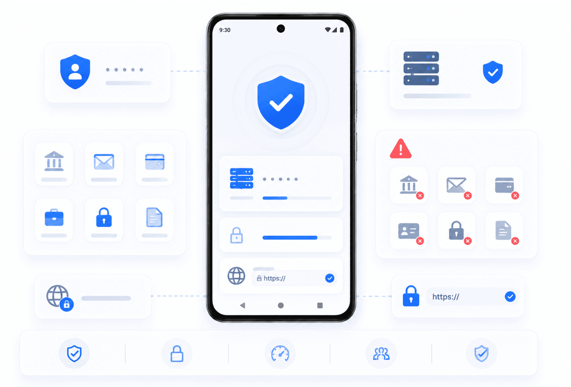 Comparison illustration showing Android proxy setup versus VPN for Wi-Fi and mobile data coverage