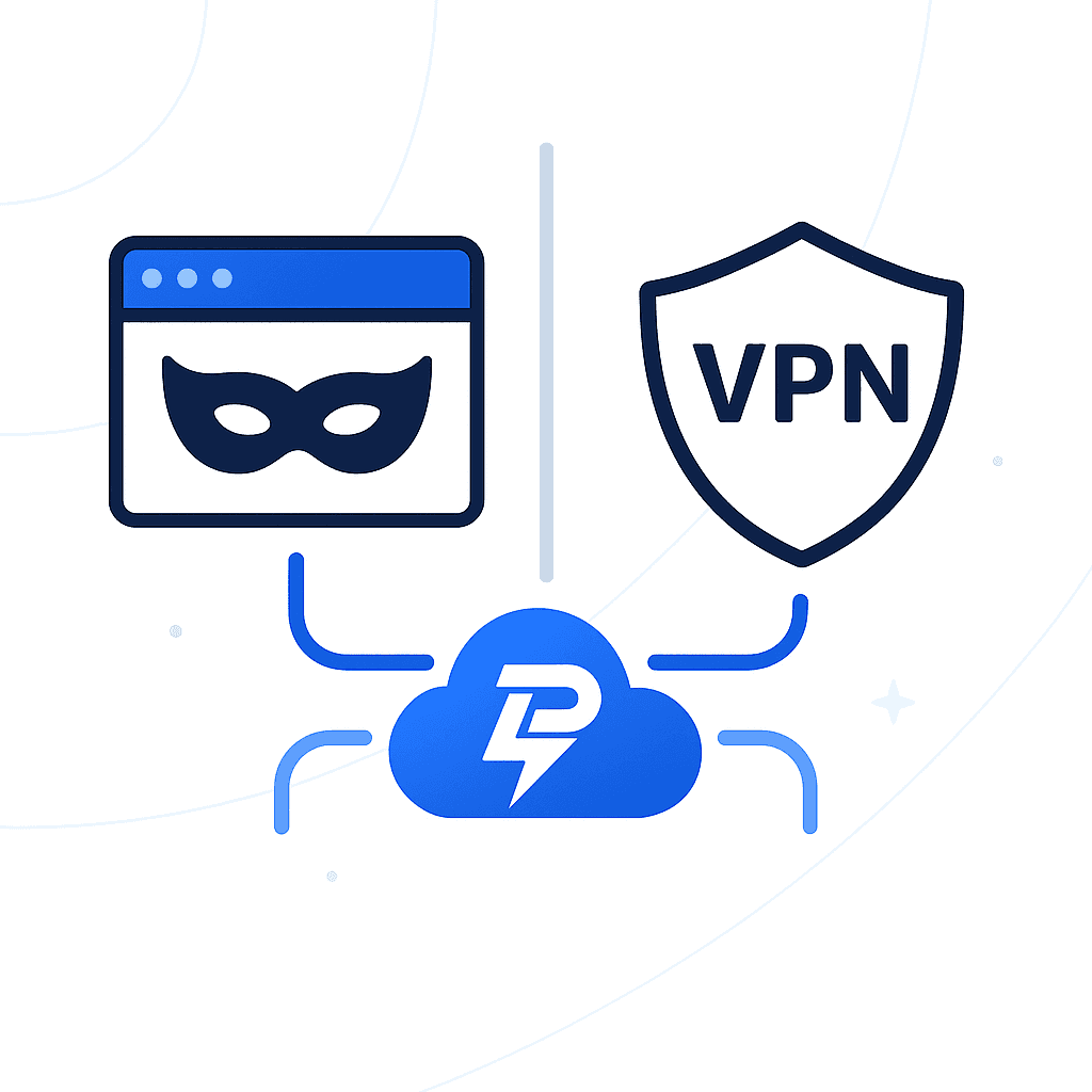 web proxy and a VPN. On the left is a browser window with a mask symbol, on the right a shield labeled VPN, with both icons connected to a central LightningProxies cloud