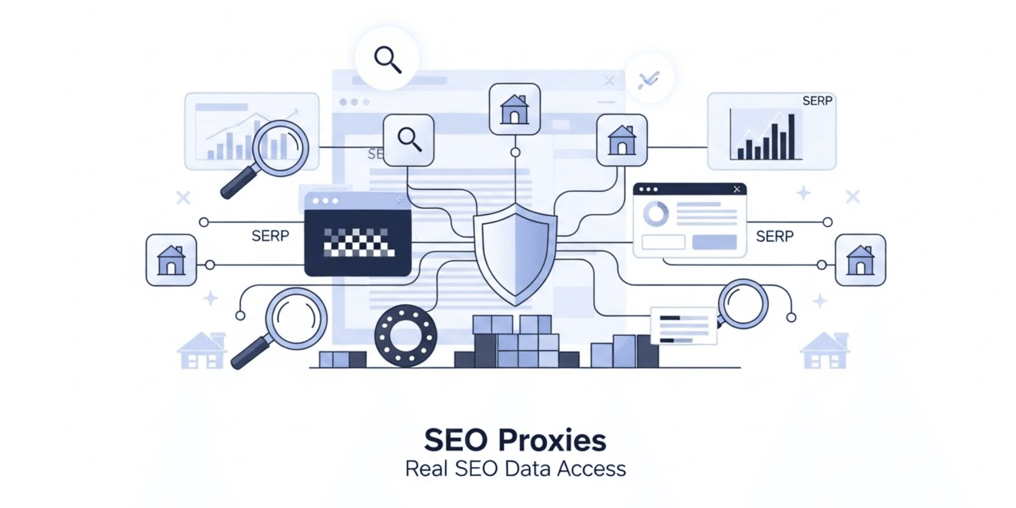Premium tech illustration of SEO proxies enabling safe access to search engine results, rank tracking, and data collection.
